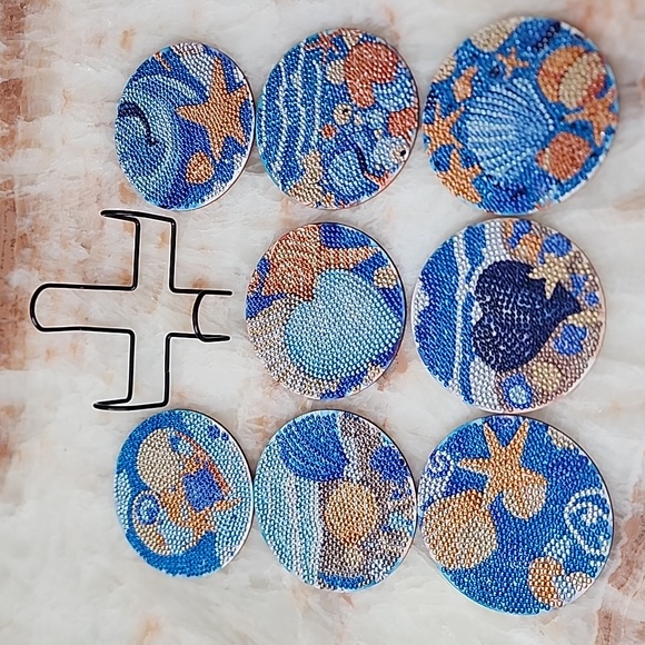 Finished Diamond Painting Wooden Ocean-Themed Coasters Set of 8 - Picture 1 of 12